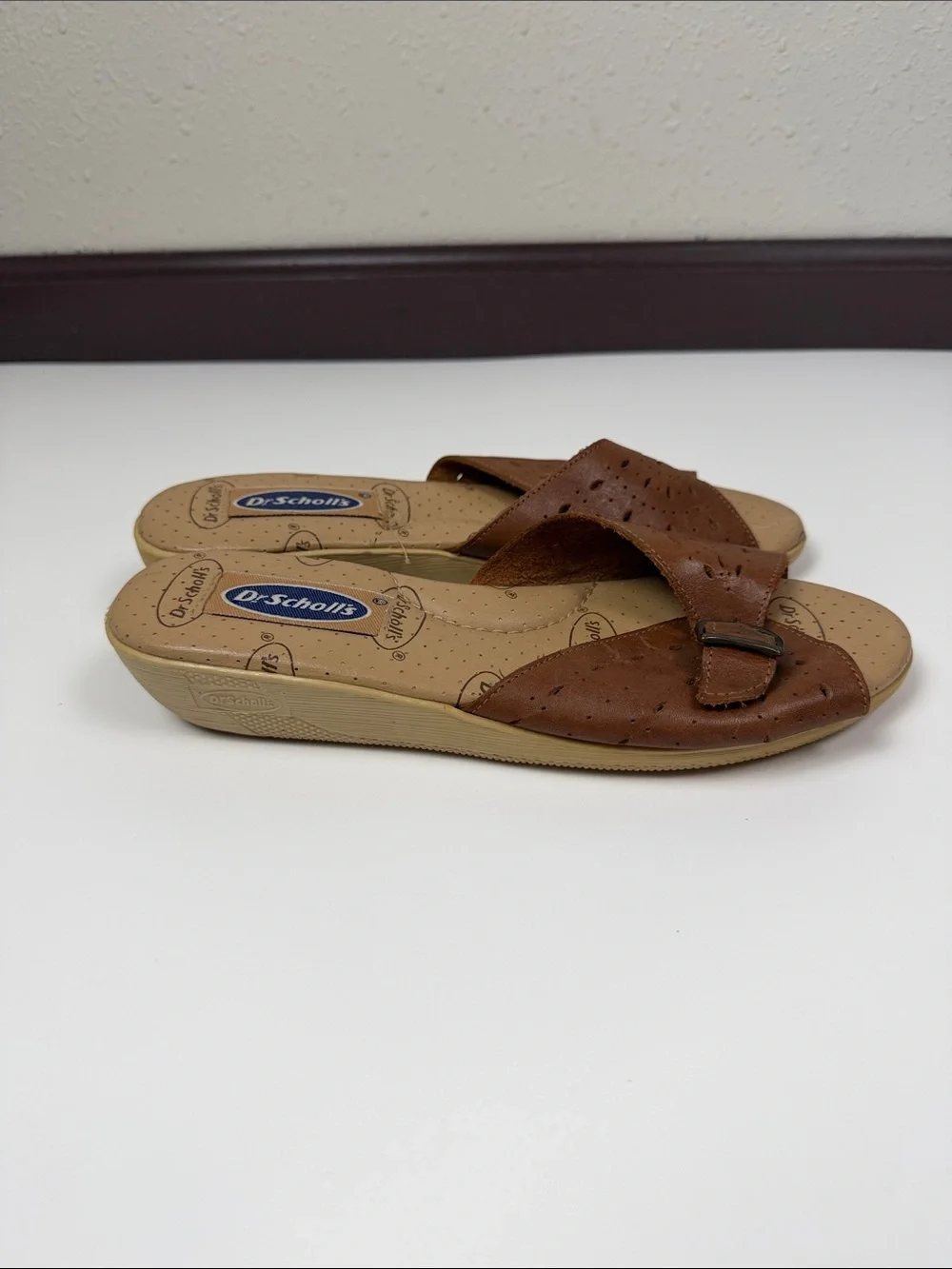 Dr. Scholl’s Brown Leather Sandals Women 8.5 Comfort Buckle Mules Casual Slip On